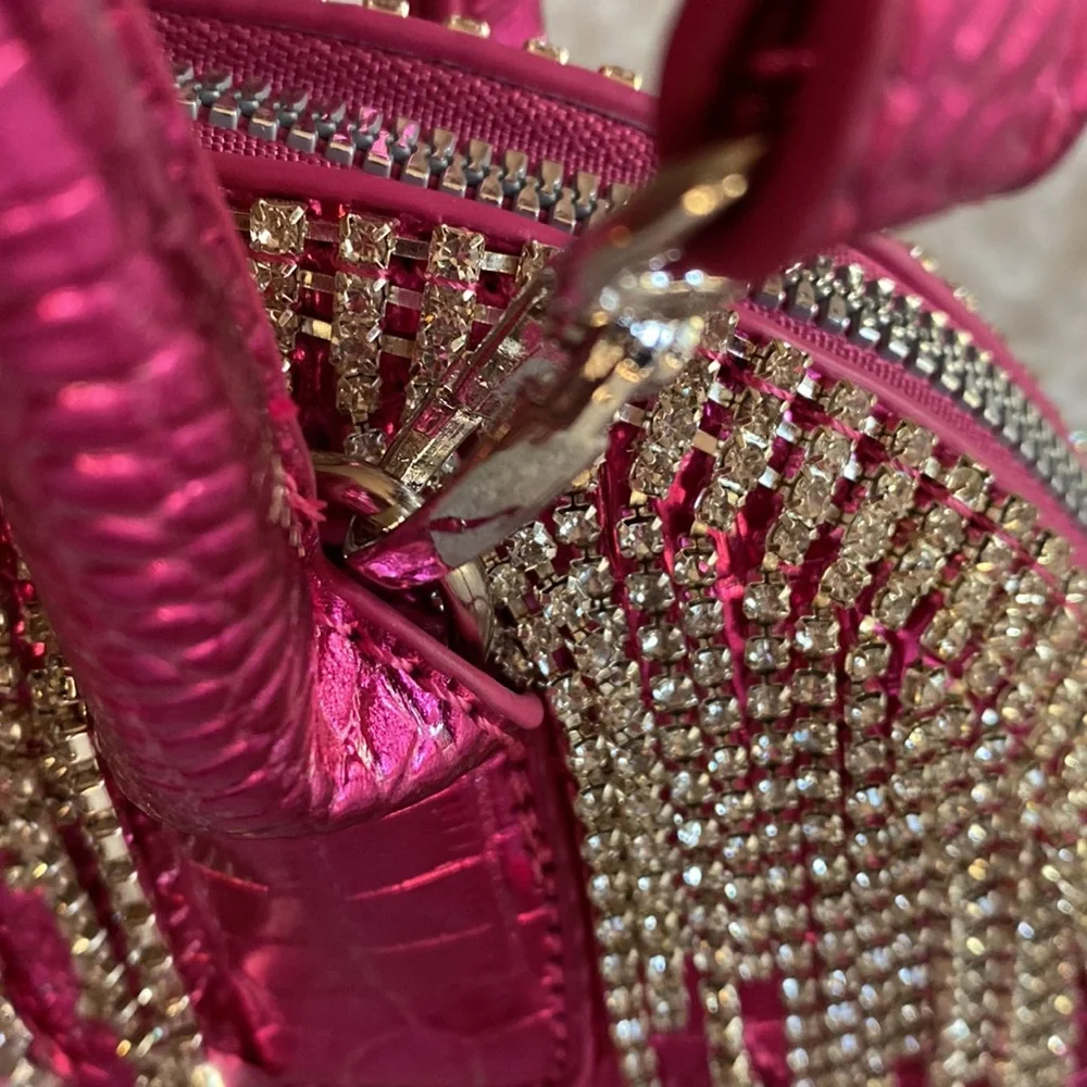 NWOT Adorably Chic Hot Pink Faux Croco Leather with dangling Rhinestones Bag - Picture 14 of 16